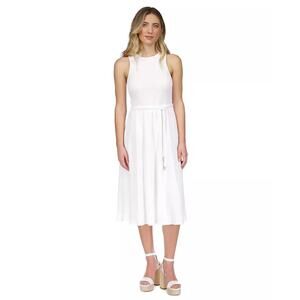 Michael Kors Smocked Texture Grecian Old Money Sleeveless Midi Dress White L NWT